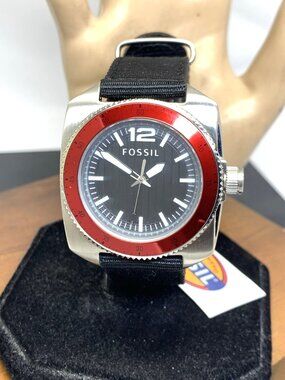 Fossil Men's Watch WB1042 Quartz Black Dial Red Bezel Nylon Strap 38mm